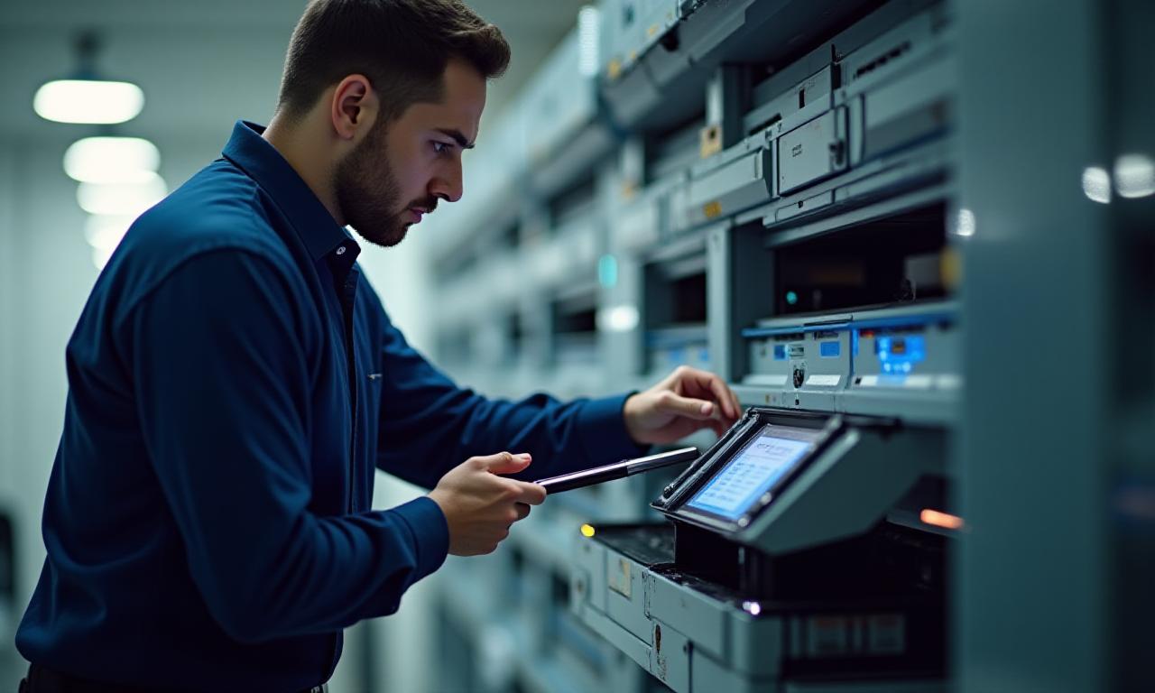 A professional technician servicing a large office printer.