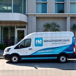 A technician arriving at an office building in a company van.