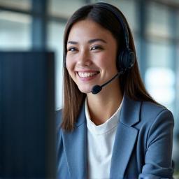 A support agent with a headset speaking to a client.