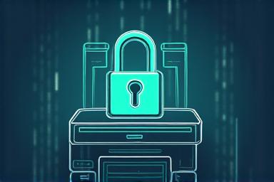 A secure lock icon over a printer illustration.