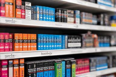 Shelves stocked with various toner cartridges.